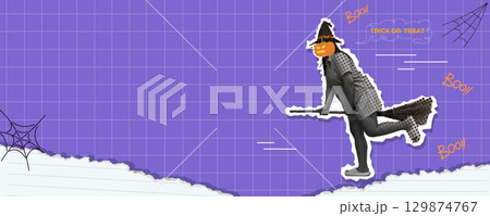Collage featuring a witch riding a broomstick with Halloween motifs. Vector illustration 129874767