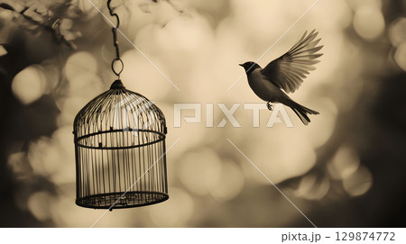 Sadness and grief, A bird flying away from an empty birdcage freedom me 129874772