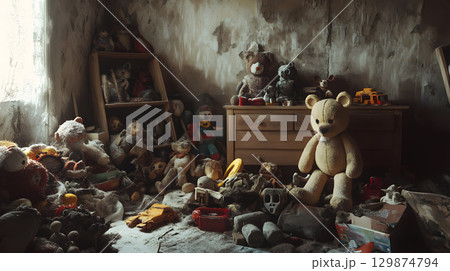 Sadness and grief, A room full of dust-covered forgotten toys lost child 129874794
