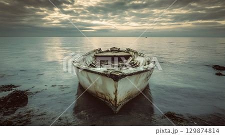 Sadness and grief, An abandoned fishing boat slowly sinking into the sea 129874814