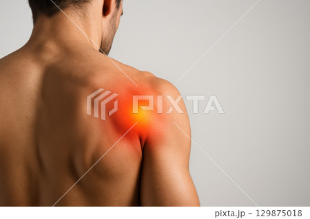 Man shoulder pain inflammation back muscle ache discomfort redness health problem concept 129875018