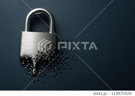 Metallic padlock melting into small cubes symbolizes cybersecurity challenges and data breach risks that threaten network security and firewall protection from cyber attack Metallic padlock melting into small cubes symbolizes cybersecurity challenges and data breach risks that threaten network security and firewall protection from cyber attack 129875026