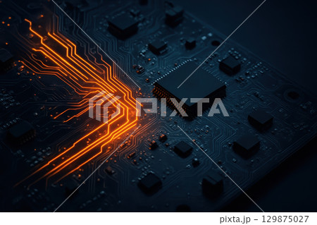 Cybersecurity concept with glowing orange circuit lines on dark microchip showing network security and firewall protection against cyber attack and data breach risks 129875027