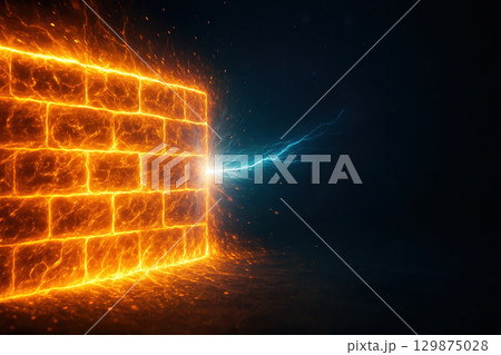 Cybersecurity concept showing firewall protection blocking cyber attack with glowing data breach and network security in dark background 129875028