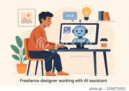 Freelance designer working with ai assistant on computer screen showing friendly robot in modern home office with plant coffee cup and bookshelf inspiring creativity and ideas 129875091