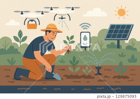 Smart farm with ai assistant using drone and solar panel for irrigation system and planting seedling in field under sunlight with wireless control technology 129875093