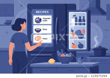 Woman uses ai assistant on smart refrigerator to select recipes like vegetable salad soup and pasta in modern kitchen with fresh food and cooking pot steaming 129875094