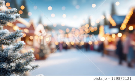 Christmas banner background sale with snowy pine tree and festive lights creating warm holiday atmosphere in winter market scene full of joyful celebration and cozy charm 129875121