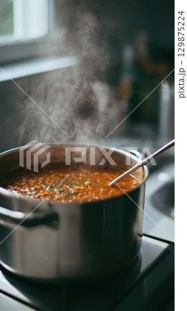 Steaming hot soup cooking in large metal pot on stove with spoon inside, evoking cozy winter lifestyle and warm comfort in kitchen 129875224