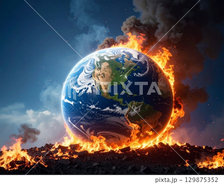Burning Earth in flames of fire is crashing at another planet, apocalypse background 129875352
