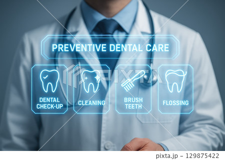 Preventive dental care concept with dental check up, cleaning, brushing teeth, and flossing icons displayed by healthcare professional promoting dental plan and dental insurance for oral health 129875422