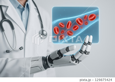 Futuristic medical concept showing doctor with robotic hand examining digital display of red blood cells highlighting importance of dental plan and dental insurance for oral health care 129875424