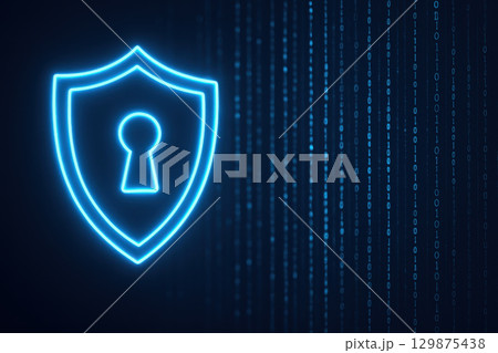 Cybersecurity shield with lock symbol glowing in blue neon light representing encryption and firewall protection against hacking malware and virus threats in digital space 129875438