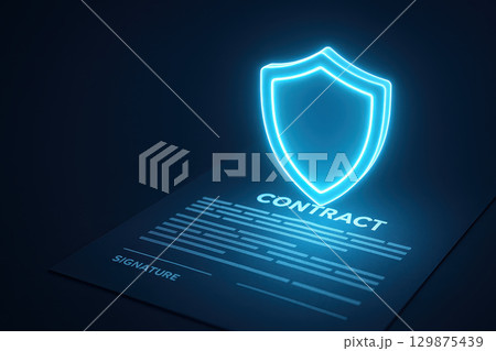 Cybersecurity shield lock encryption firewall protection virus malware hacking concept with glowing shield icon over digital contract document for secure data safety and privacy 129875439