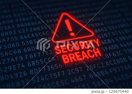 Security breach warning with red shield symbol highlights cybersecurity risks including hacking, malware, virus threats, encryption failure, firewall breach, and lock protection issues digital 129875440