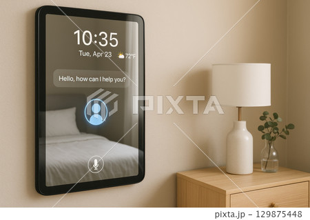Smart home device on wall showing digital assistant interface with time and weather in cozy lifestyle bedroom setting with lamp and plant on wooden nightstand ai smart home lifestyle 129875448