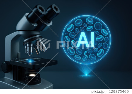 AI medical microscope technology concept with glowing blood cells and futuristic digital healthcare innovation for advanced laboratory research and diagnosis 129875469