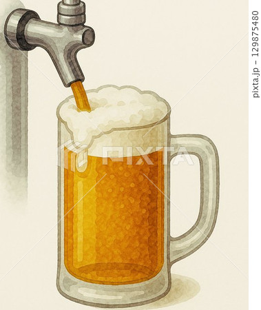 ビアサーバーから注ぐビールのイラスト(手書き水彩風) ビアサーバーから注ぐビールのイラスト(手書き水彩風) 129875480