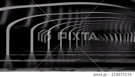 3d rendering. Concrete construction. A long corridor with holes on the sides into which light breaks through. Interior illustration 129875514
