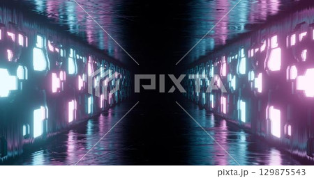 3d render. Geometric figure in neon light against a dark tunnel. Laser line glow. Neon backgrounds 3d render. Geometric figure in neon light against a dark tunnel. Laser line glow. Neon backgrounds 129875543