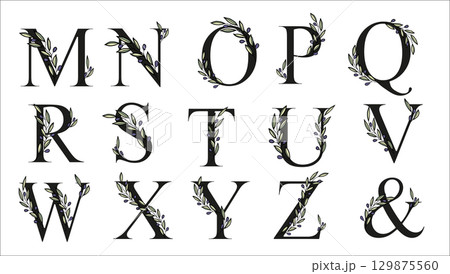 Olive branch alphabet letter for decor of card or wedding invite. Vector hand drawn illustration for design Olive branch alphabet letter for decor of card or wedding invite. Vector hand drawn illustration for design 129875560