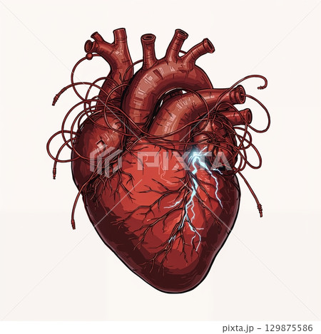 Broken heart with wires going out of it, tragic love or special medical conditions, heart problems concept 129875586