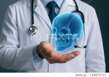 Doctor healthcare technology concept with hologram skull floating above hand showing futuristic medical innovation and advanced anatomy visualization in clinical environment 129875713