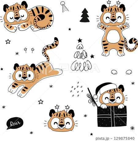 cute Christmas tiger kids vector clipart 129875840