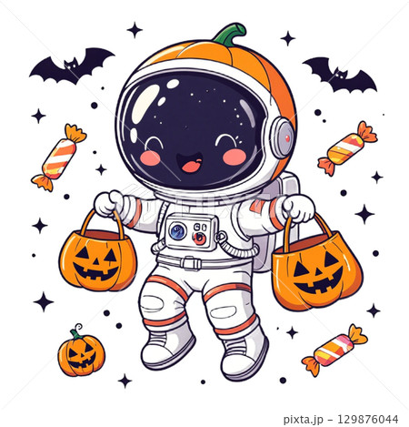 Halloween astronaut floating in spooky space Halloween astronaut floating in spooky space 129876044