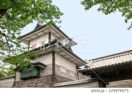 金沢城・石川門の櫓と城郭建築、新緑に映える重要文化財と加賀百万石の遺構 129876075