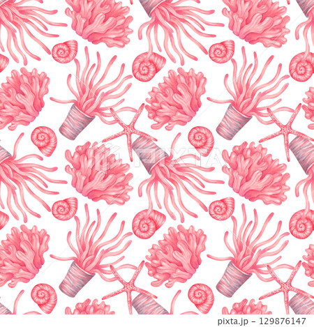 Seamless pattern with coral, shell and starfish. Watercolor, marker illustration. Hand drawn isolated peach background. Marine underwater animals for textile, wallpaper and summer goods, fabric 129876147