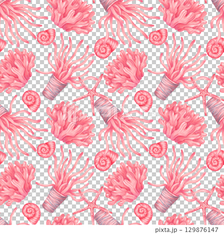Seamless pattern with coral, shell and starfish. Watercolor, marker illustration. Hand drawn isolated peach background. Marine underwater animals for textile, wallpaper and summer goods, fabric 129876147