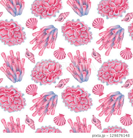 Seamless pink sea pattern of tube corals, shells and scallops. Watercolor illustration of underwater animals. Hand drawn isolated art. Tropical ocean atmosphere for fabric, paper, wallpaper, textile Seamless pink sea pattern of tube corals, shells and scallops. Watercolor illustration of underwater animals. Hand drawn isolated art. Tropical ocean atmosphere for fabric, paper, wallpaper, textile 129876148