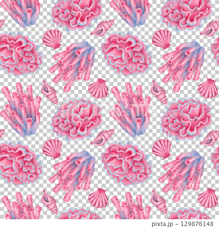 Seamless pink sea pattern of tube corals, shells and scallops. Watercolor illustration of underwater animals. Hand drawn isolated art. Tropical ocean atmosphere for fabric, paper, wallpaper, textile Seamless pink sea pattern of tube corals, shells and scallops. Watercolor illustration of underwater animals. Hand drawn isolated art. Tropical ocean atmosphere for fabric, paper, wallpaper, textile 129876148