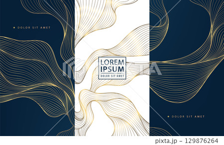 Vector gold wave pattern, line luxury premium abstract design. Fancy, art deco package labels, japanese sea brochures, silk ornament 129876264