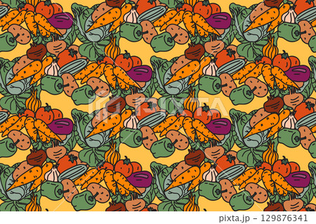 Botanical colorful vegetables seamless pattern vector illustration. Repeating cartoon different veggies with Cabbage Carrot Pepper Onion Potato Tomato in yellow background. Graphic design for Cover 129876341