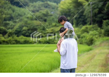 肩車、父と息子の後ろ姿　夏休み田舎　 129876599