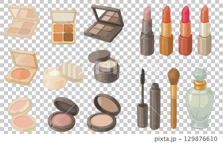 Cosmetics illustration set - eye shadow, face powder, lipstick, mascara, brushes, perfume, etc. 129876610