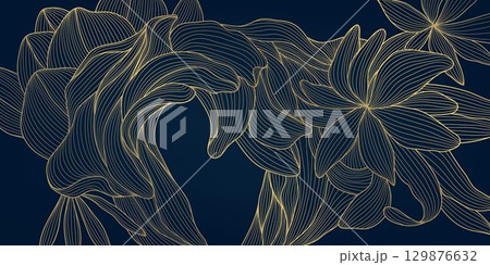 Vector gold flowers line background, art deco abstract floral pattern, luxury nature art, plant wallpaper. Wedding texture vintage ornament, oriental blossom design. 129876632