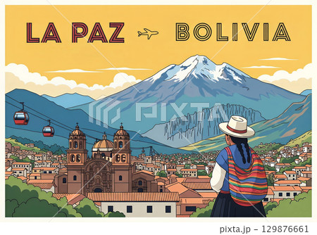 Vintage travel poster, La Paz, Bolivia, art in the style of retro illustration 129876661
