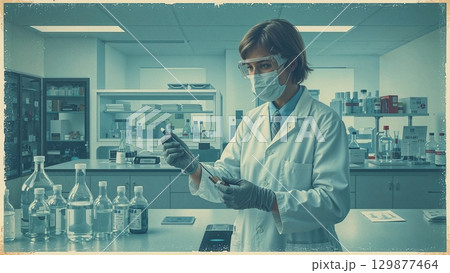 Biochemical lab technician analyzing samples in a modern lab background 129877464
