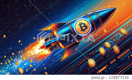 Bincoin and crypto market rapic bull growth background, cryptocurrency price rocket launch to the moon concept 129877530