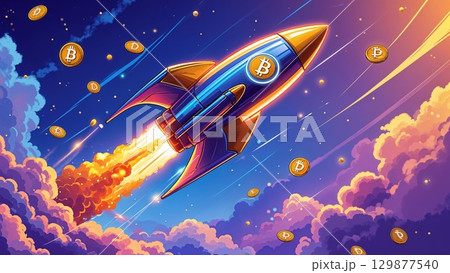 Bincoin and crypto market rapic bull growth background, cryptocurrency price rocket launch to the moon concept Bincoin and crypto market rapic bull growth background, cryptocurrency price rocket launch to the moon concept 129877540
