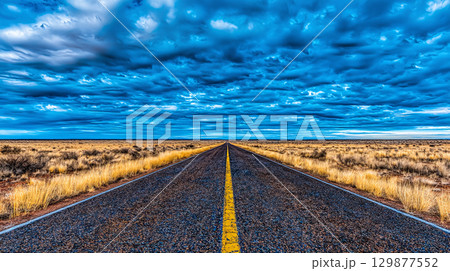 青空と広大な草原の中の直線道路 129877552
