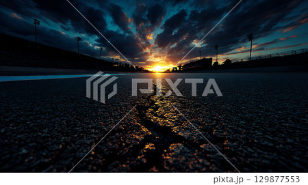 夕焼けのサーキットと舗装道路の風景 129877553