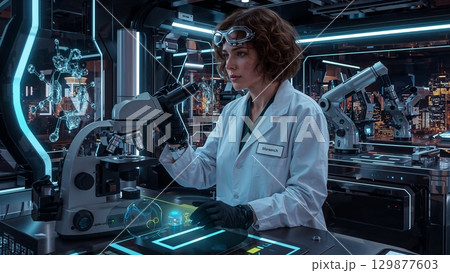 Biochemical lab technician analyzing samples in a modern lab background 129877603