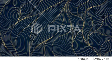 Vector art deco leaf pattern, golden line fancy luxury leaves background. Dark premium jungle print, nouveau ornate print. 129877646