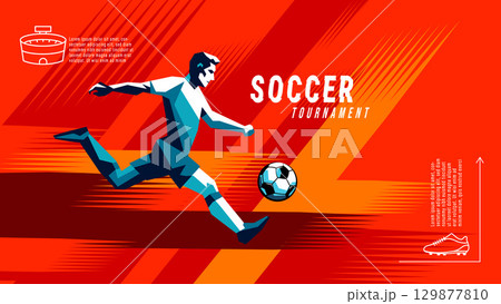 Vibrant football illustration with geometric player silhouette and abstract brush stroke background. 129877810