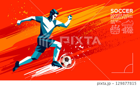 Colorful graphic design of soccer athlete kicking ball, modern abstract poster for sports events. Colorful graphic design of soccer athlete kicking ball, modern abstract poster for sports events. 129877815