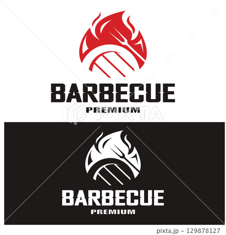 Simple Barbecue Vintage hot grill, with crossed flames and spatula. Logo for restaurant, badge, cafe and bar.vector Simple Barbecue Vintage hot grill, with crossed flames and spatula. Logo for restaurant, badge, cafe and bar.vector 129878127